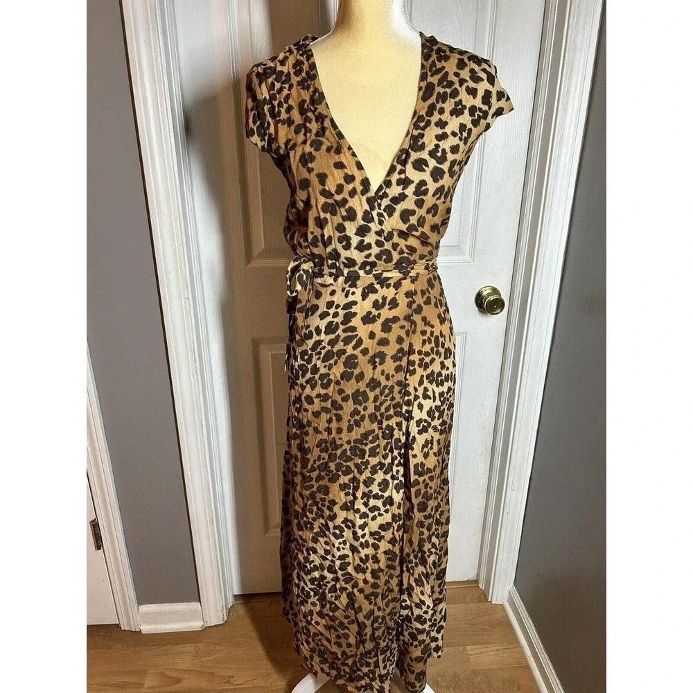& Other Stories Leopard Print Wrap Dress US Size 2 Black Brown Cap Sleeve